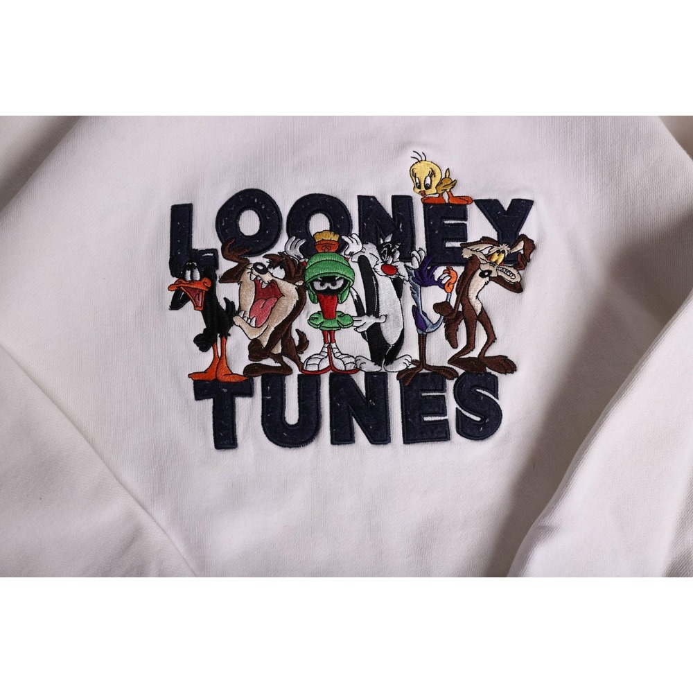 Vintage Warner Bros Looney Tunes Embroidered White Sweatshirt Mens Medium 90s - Picture 2 of 7
